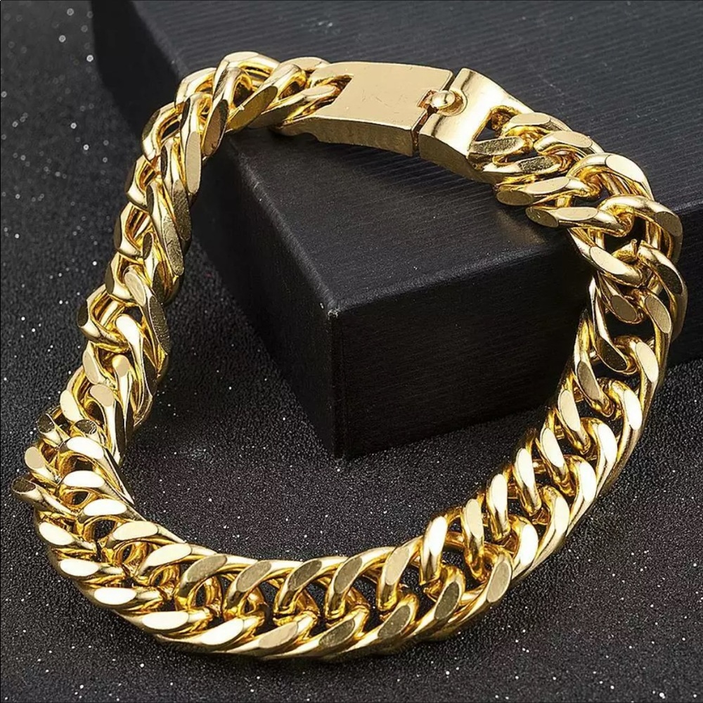 NEW STAINLESS 18K GOLD LINK CHAIN CURB BRACELET - Picture 3 of 10